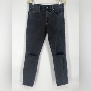 Gap Washed Black Skinny Ankle Jeans With Ripped Knees And Raw Hem Stretch Cotton